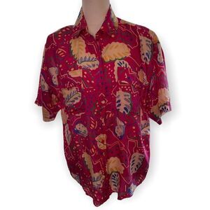 Vintage Rhoda Lynne Pink Silk Short Sleeve Button Front Shirt SZ M